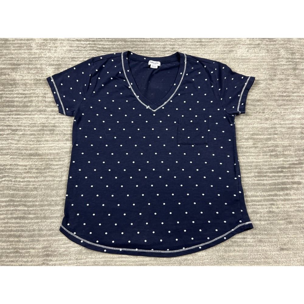 Splendid Top Womens Small Blue White Polka‎ Dot Short Sleeve Pocket Cotton Blend